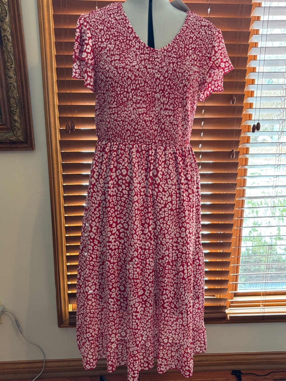 Creation Concepts Smocked Ruffle Midi Dress Boho Red White Size XL NWT
